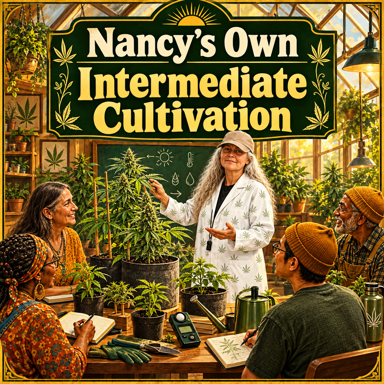 Nancy teaching intermediate cultivation in a greenhouse classroom